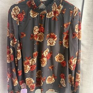 Smocked Floral Black and Gray Blouse with Mandarin Collar
